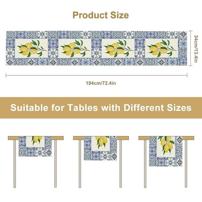 Lemon & Blue Tiles Table Runner 13x60in - Cotton Linen, Reusable Picnic & Dining Decor - Variation Lemon-7+W13"x L60"