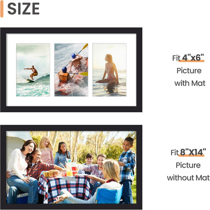 Upsimples 8x14 Collage Picture Frame - Display 3 Photos (4x6) with or Without Mat, Black Wall Decor