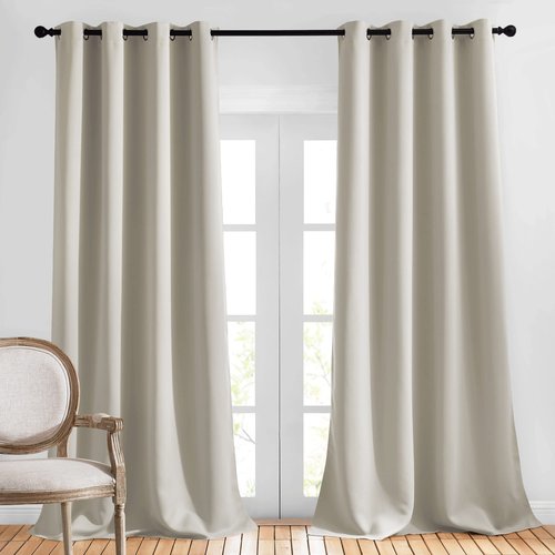 NICETOWN Room Darkening Curtains for Living Room, Grommet Window Treatment Thermal Insulated Solid Sound Reducing Drapes for Bedroom, Natural, Set of 2, W52 x L102