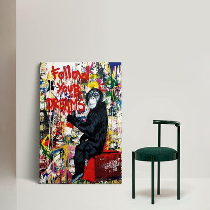 **AKOTAC Monkey Street Graffiti Canvas Print - Follow Your Dreams Animal Art for Living Room & Office Decor**