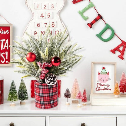 Buffalo Check Plaid Christmas Tree | 2 Pack Small Centerpiece Decor with Pine Cones & Berries