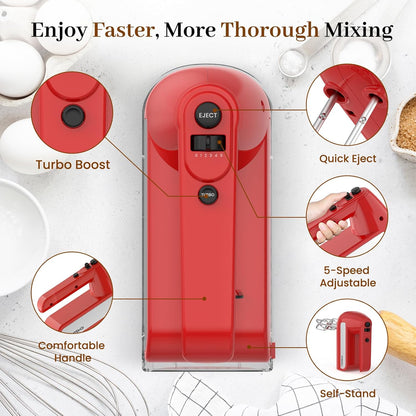 Skiennix 5-Speed Electric Hand Mixer - 800W Handheld Mixer with Turbo & 6 Attachments | Red