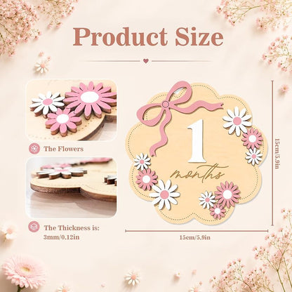 Monthly Milestone Sign Set for Girls with Pink Bow – 1–12 Months, Double-Sided Wooden Baby Photo Keepsake (Variation: Pink Flower01)