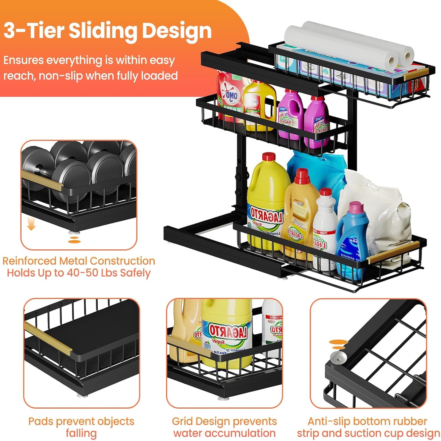 Under Sink Organizer by [Brand Name] - 3 Tier Pull Out Shelf Storage for Bathroom & Kitchen | 2 Pack