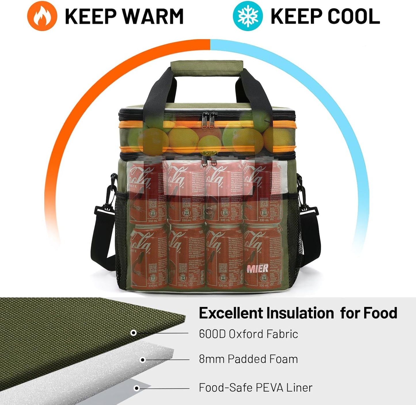 MIER Insulated Cooler Tote - Expandable 24L Lunch Bag for Work & Travel | Leakproof, Army Green