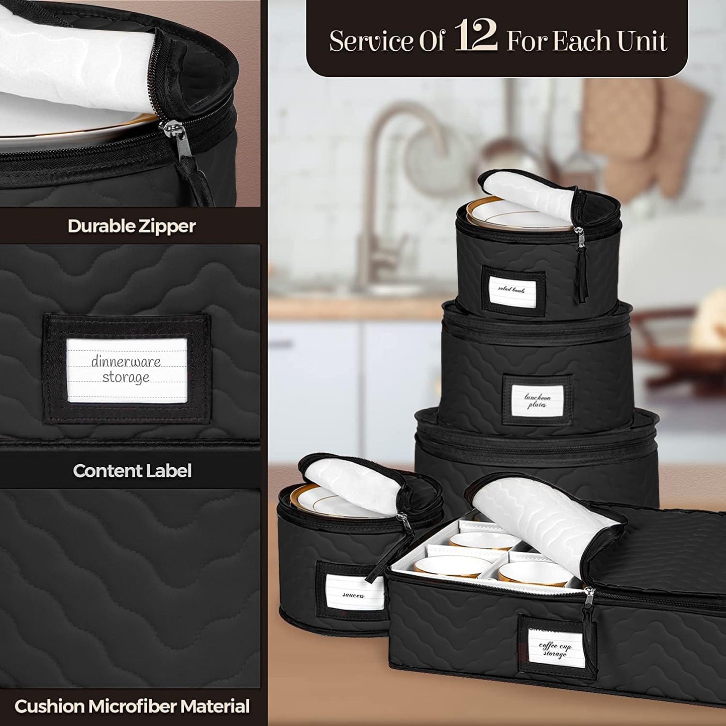 China Storage Containers - 5-Piece Quilted Microfiber Dish Organizer Set for Dinnerware | Holds 12, Black