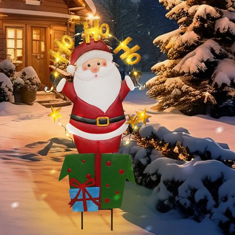 Solar Christmas Yard Sign Santa Claus 28 In Lighted Metal Garden Stake - Variation: Santa Claus