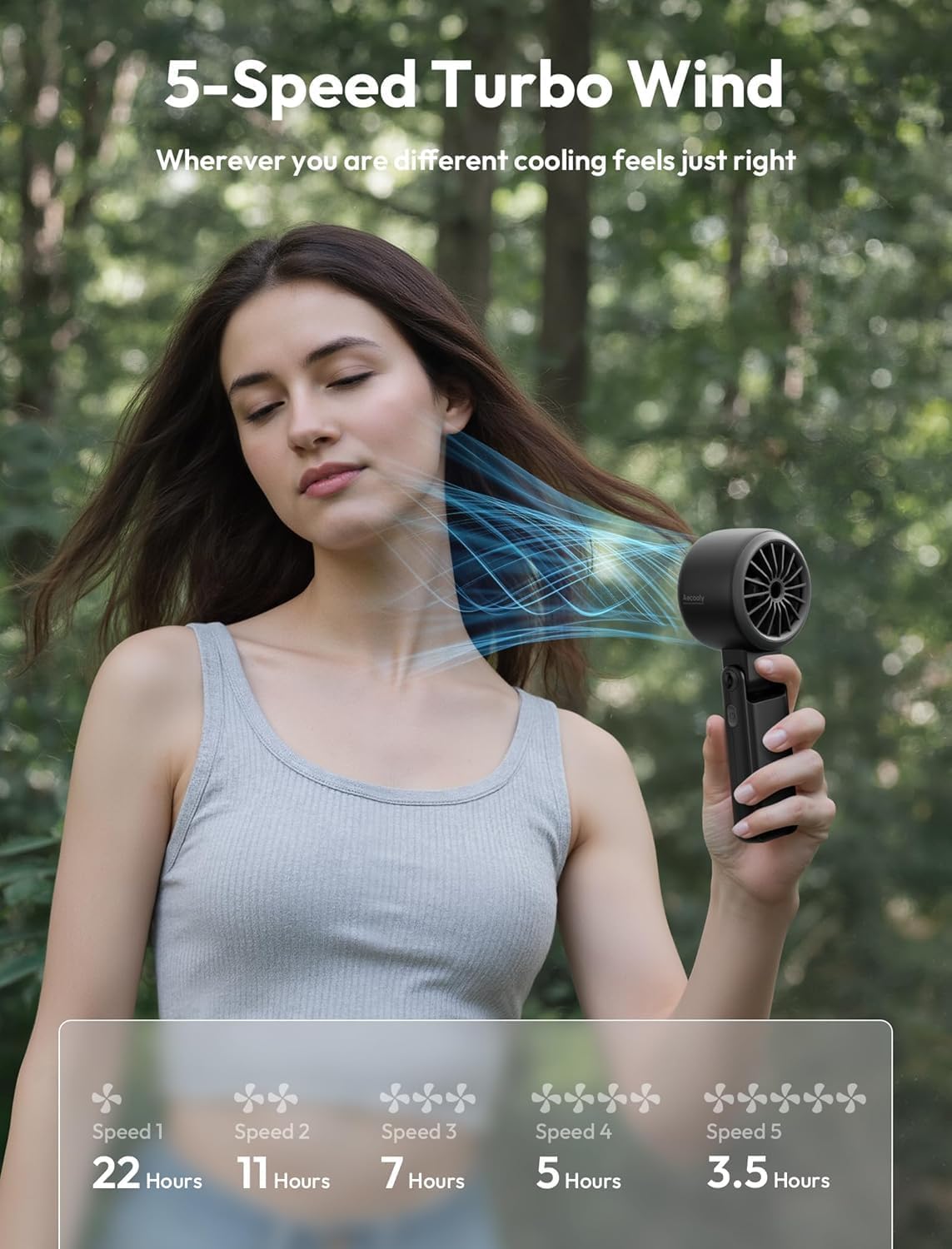 Aecooly Portable 3-in-1 Turbo Handheld Fan - USB Rechargeable Mini with 22H Cooling Time | Black