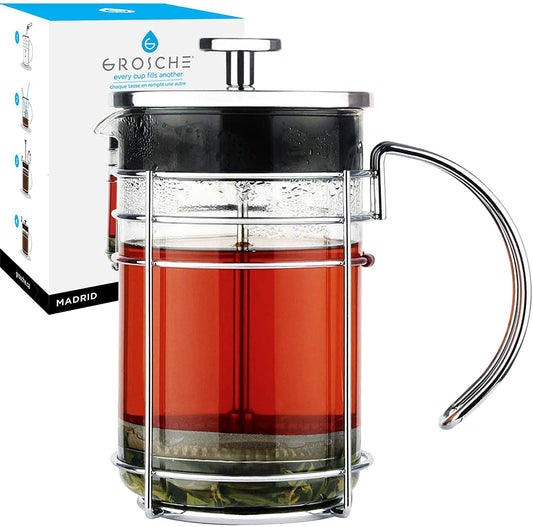 GROSCHE MADRID French Press - Premium Coffee and Tea Maker - 1.0L - 34oz - Borosilicate Glass Beaker - Dual Filter System For Rich Brew - Versatile Brewing | Stainless Steel Filter