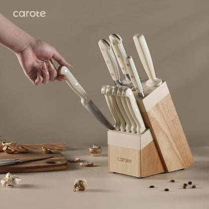 CAROTE 14-Piece Knife Set - Forged High Carbon Stainless Steel Blades | Dishwasher Safe Cutlery in Cream