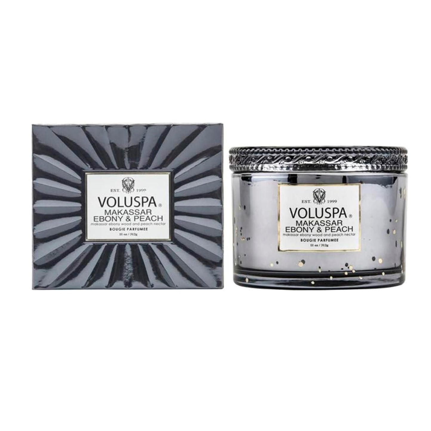 Voluspa Makassar Ebony & Peach, Corta Maison Boxed Candle, 11 oz, 45 Hour Burn Time, Coconut Wax for Clean Burning, Handcrafted in The USA