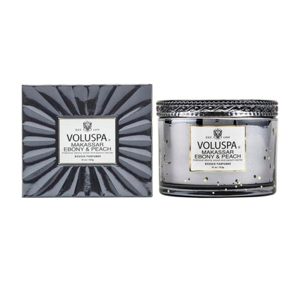 Voluspa Makassar Ebony & Peach, Corta Maison Boxed Candle, 11 oz, 45 Hour Burn Time, Coconut Wax for Clean Burning, Handcrafted in The USA