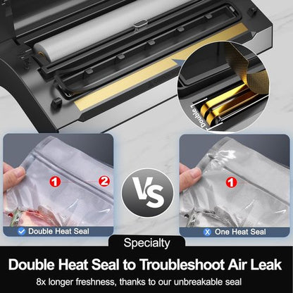 LIWUNON Commercial Food Vacuum Sealer - Upgraded Precision with Double Heat Seal & Built-in Cutter | 2 Bag Rolls Included