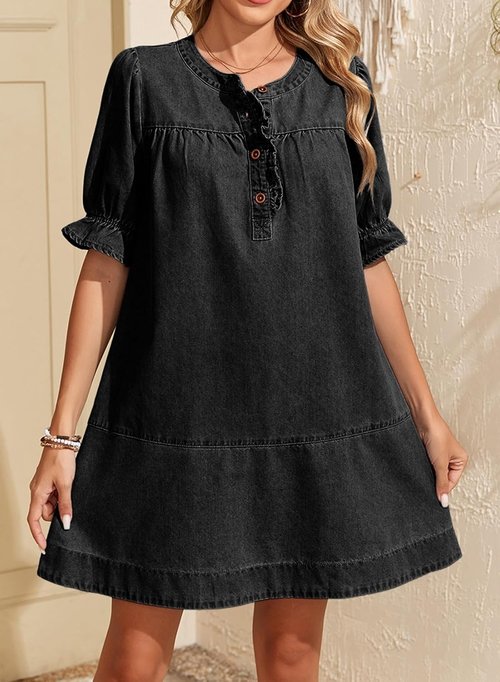 Dokotoo Women's Denim Dress 2026 Babydoll Dress Casual Ruffle Short Sleeve Button Jean Dresses