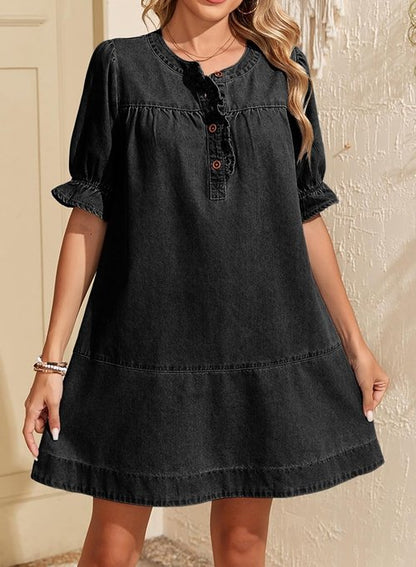 Dokotoo Women's Denim Dress 2026 Babydoll Dress Casual Ruffle Short Sleeve Button Jean Dresses