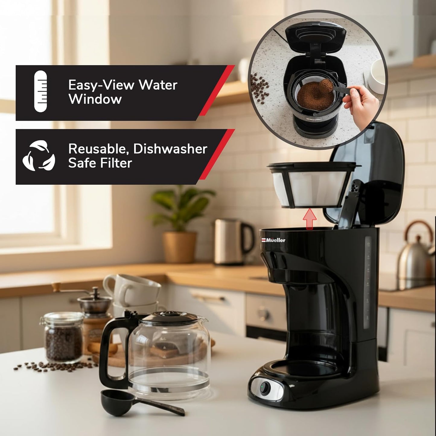 Mueller 12-Cup Drip Coffee Maker - Borosilicate Carafe, Auto-Off & Reusable Filter | Kitchen Essential