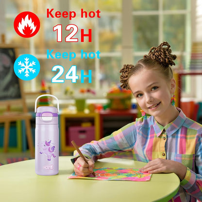 Skiennix Insulated Water Bottle for Kids - Leak-Proof Tumbler with Straw | Purple Unicorn Design