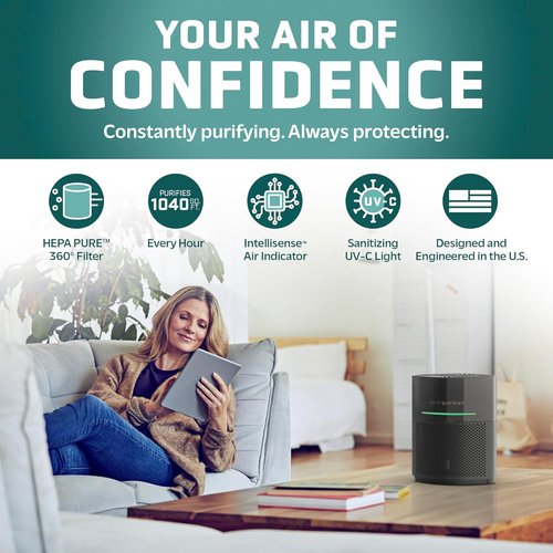GermGuardian Airsafe+ HEPA Air Purifier - Ideal for Large Rooms Up to 1043 Sq. Ft. | Black with UV-C Light & Sensor