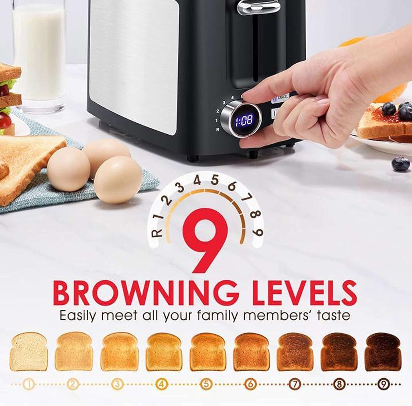 Skiennix 2-Slice Wide Slot Toaster - Smart LCD Digital Countdown Timer | Bagel, Defrost, Reheat Functions