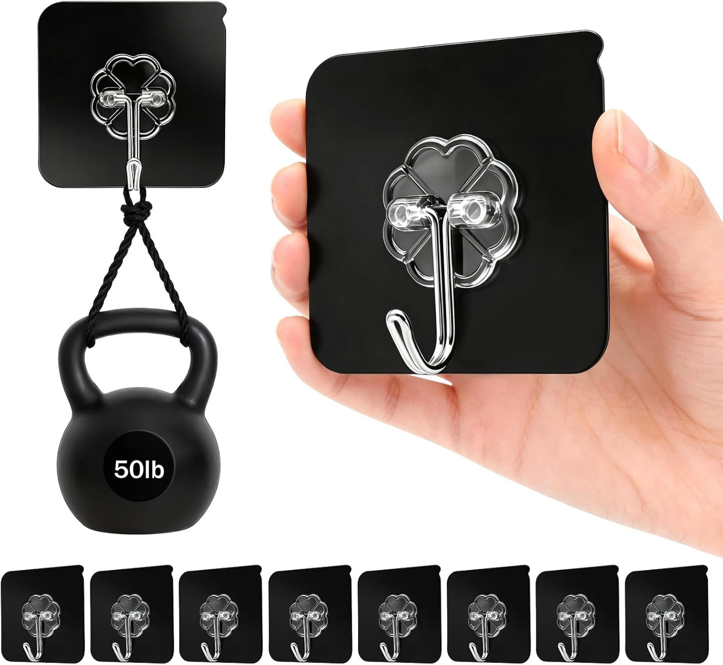 DDMY Heavy Duty Adhesive Hooks - 50lb Max Capacity, Waterproof & Reusable Black Wall Hooks | 8 Pack for Bathroom & Kitchen