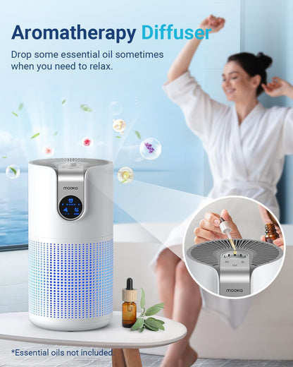 MOOKA HEPA Air Purifier - Large Room Coverage Up to 1500ft² | Quiet 15dB with Aromatherapy for Pets & Odor Removal