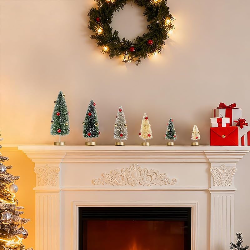 Sync-5081: 6-Pack Mini Frosted Bottle Brush Christmas Trees - Assorted Sizes