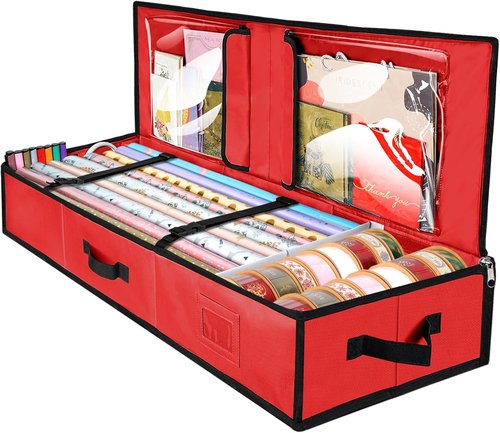 BALEINE Gift Wrap Storage Bag - 40" Durable 600D Oxford Fabric Organizer with Flexible Partitions | Red