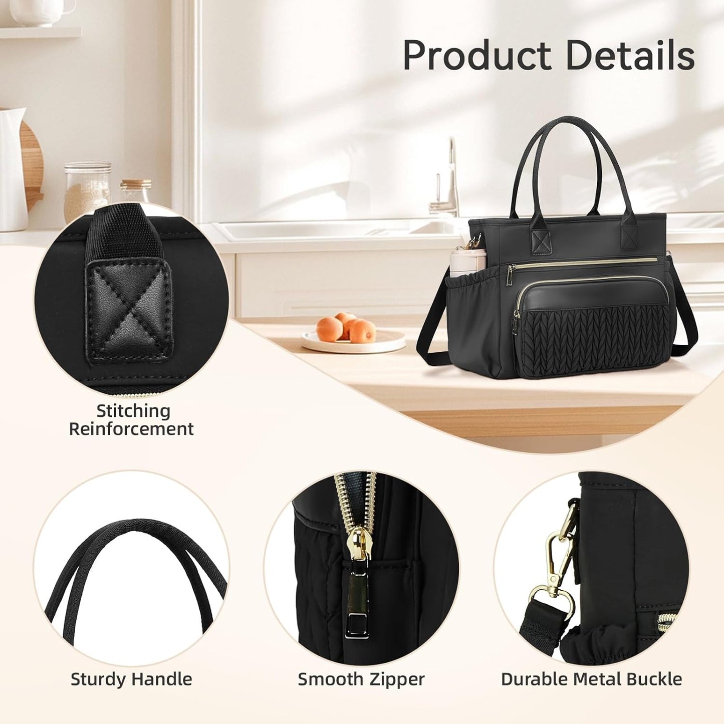 Skiennix Insulated Lunch Bag - Leakproof Tote with Adjustable Straps & Side Pockets | Classic Black