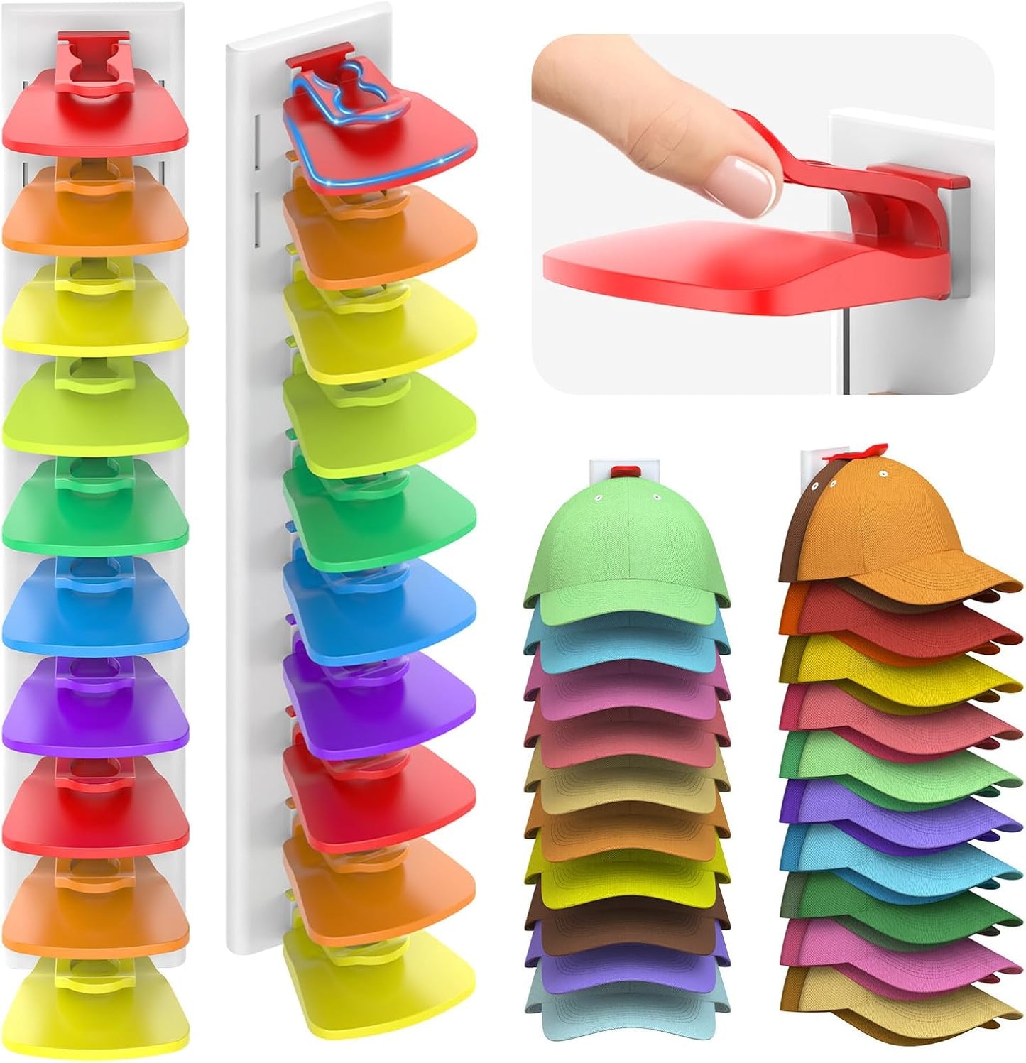 Volnamal Hat Organizer - 2 Pack Baseball Cap Rack Holds Up to 40 Hats | Space-Saving Wall Hanger (White & Color)