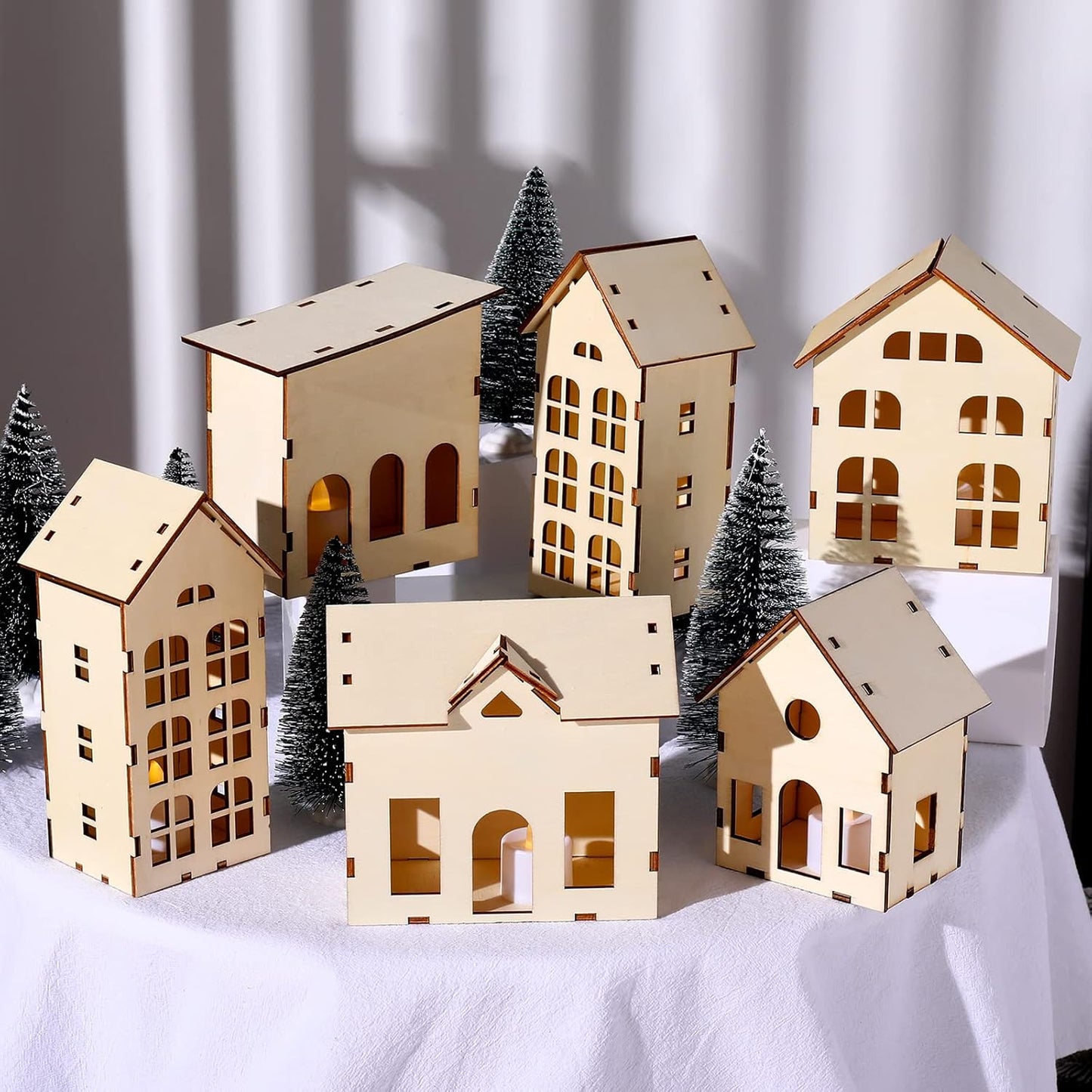 Regine Switzerland Christmas Village Set - 12 Unassembled Houses with 6 LED Candle Lights | Festive Ornaments for Holiday Decor