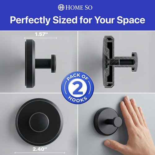 HOME SO Suction Cup Hooks for Shower & Bathroom Towel Holder 2-Pack – Suction Cups Hooks for Hanging Towels, Robes, & Coats - Tiles, Glass Door or Mirror – Shower Hooks & Towel Hooks Organizer - Black