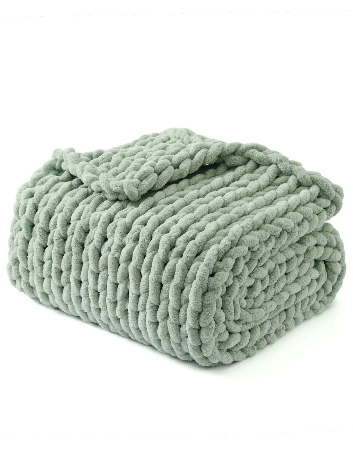 YnM Chunky Throw Blanket, Medium-Weight, Hand Knitted with Chenille Yarn, Skin Friendly, Ventilated and Breathable, Machine Washable, Home Décor Piece for Couch, Sofa and Bed (Sage Green, 50x60 Inch)