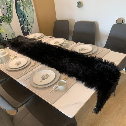 Black Faux Fur Table Runner 12x36 Inch - Fluffy Halloween Winter Decor - Variation: Black+12x36 Inch
