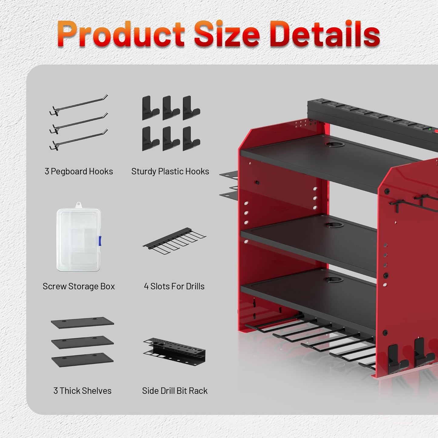 Power Tool Organizer - Wall Mount Charging Station with 8 Outlet Power Strips & Hooks | Heavy Duty 4 Layer Drill Storage Shelf