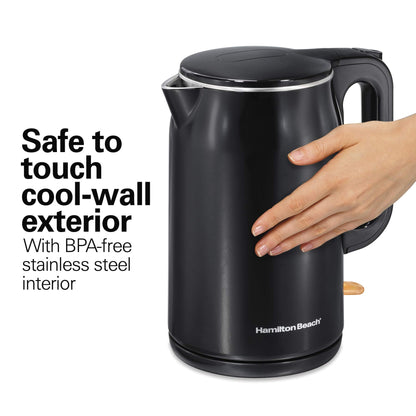 Hamilton Beach 1.6L Electric Tea Kettle, Hot Water Boiler & Heater with Cool-Touch Double Wall Exterior, 1500W, Cordless, Auto-Shutoff and Boil-Dry Protection, Black (41032)