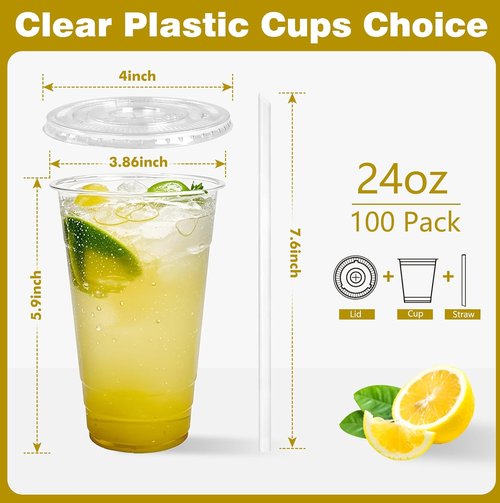 Charmount 24 oz Clear Plastic Cups - Disposable To-Go Cups with Lids & Straws for Cold Drinks | 100 Sets