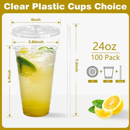 Charmount 24 oz Clear Plastic Cups - Disposable To-Go Cups with Lids & Straws for Cold Drinks | 100 Sets