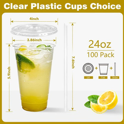 Charmount 24 oz Clear Plastic Cups with Lids and Straws, 100 Sets Disposable To Go Cups for Cold Drinks, Iced Coffee, Coffee Bar Accessories, Smoothies