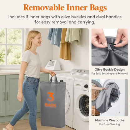 Lifewit 165L Large Laundry Basket with Lid, Laundry Hamper with Plastic Handles and Removable Bag, Foldable Tall Dirty Clothes Hampers for Laundry for Laundry Room, Bedroom, Bathroom, Dorm, Light Gray