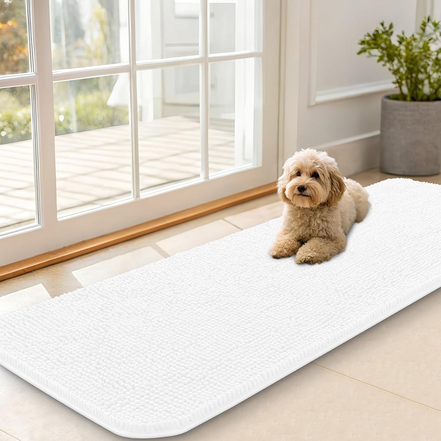 OLANLY Dog Door Mat - Absorbent Non-Slip Chenille Mat for Muddy Paws | 59x20 Inches, Quick Dry, White
