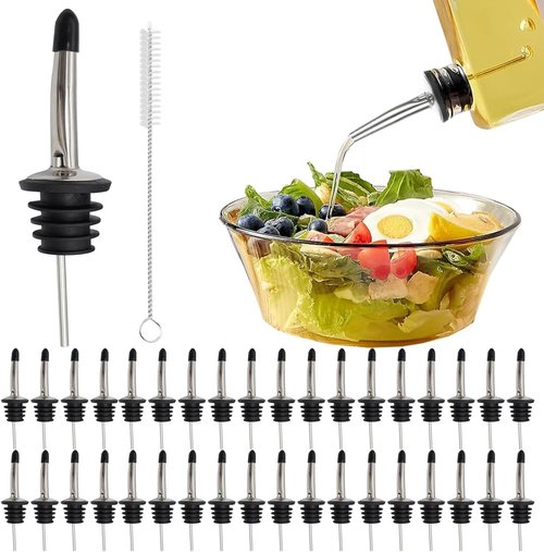 36 Pack Stainless Steel Liquor Pour Spouts with Rubber Caps, Bottle Pourers for Wine, Oil, Vinegar, and Alcohol – Bartender Bar Tools and Accessories