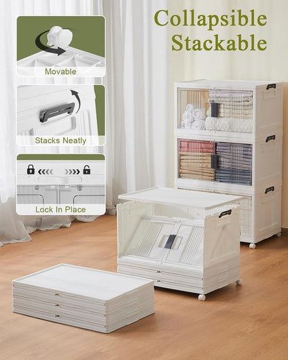 OlarHike 76QT Lockable Storage Bins - Collapsible Plastic Organizer with Lids & Wheels | 3-Pack for Closets & Office