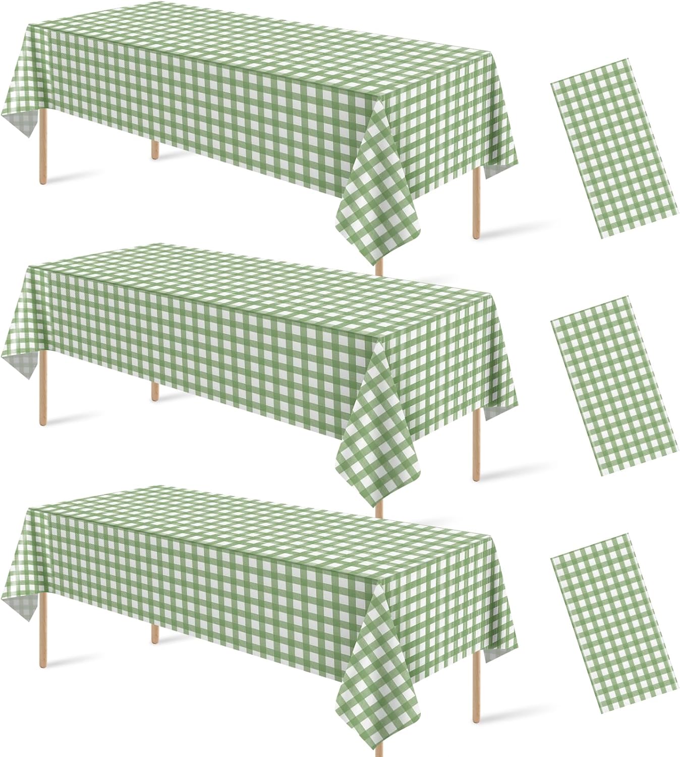 Skiennix Disposable Plastic Tablecloths - Sage Green Gingham Checkered Design | 54 x 108 Inch for Parties