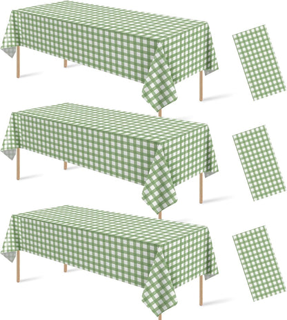 Skiennix Disposable Plastic Tablecloths - Sage Green Gingham Checkered Design | 54 x 108 Inch for Parties