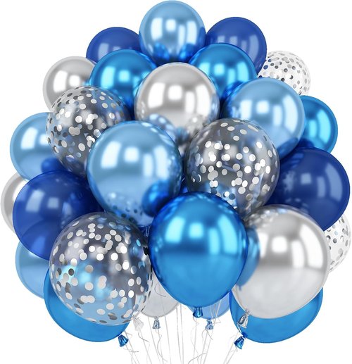Blue Silver Balloons Set - 12 Inch Dark Navy & Confetti Latex Balloons for Birthday, Graduation & Weddings