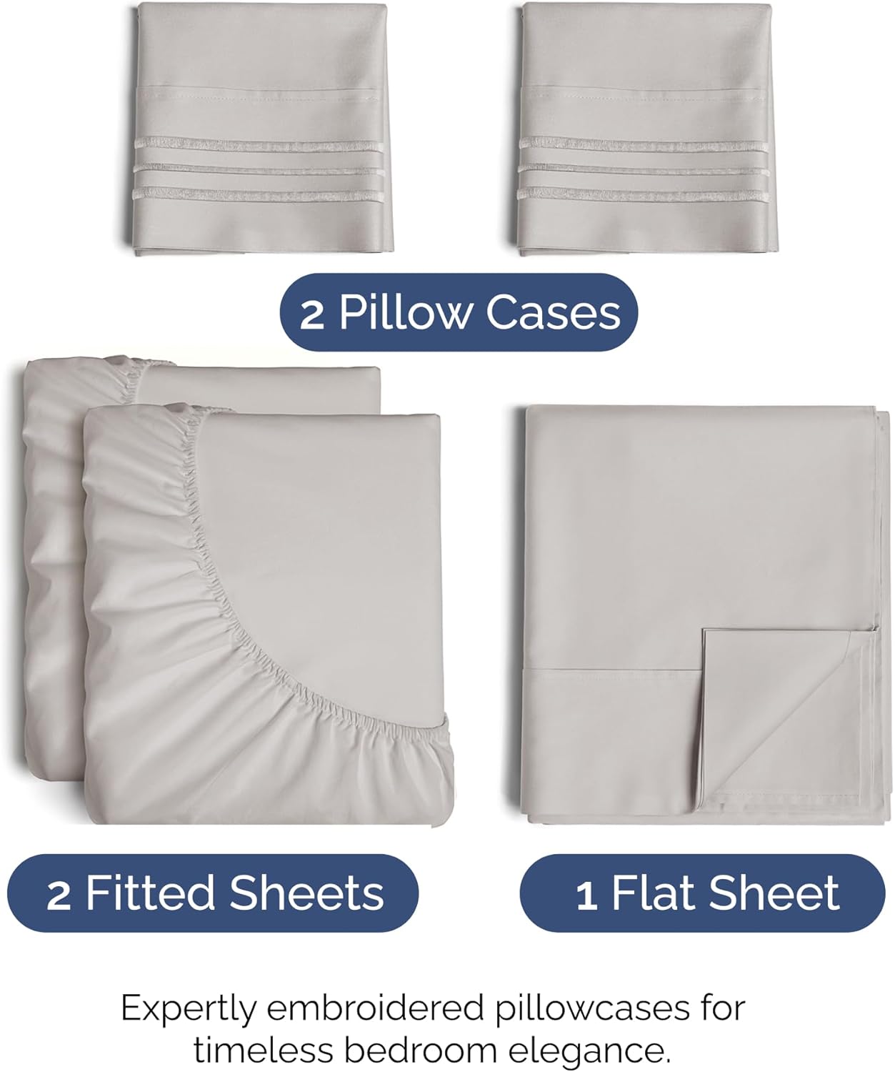 Split King Size 5-Piece Sheet Set - Comfy Cooling Bed Sheets for Luxury Hotel Feel - Deep Pockets, Wrinkle-Free, Oeko-Tex Certified - Light Grey