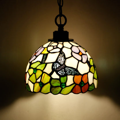 ZJART Small Tiffany Pendant Light Plug in Stained Glass Swag Lamp 8X8X181 Inch Hanging Lamp (Flowers Butterfly for Dining Room Living Room