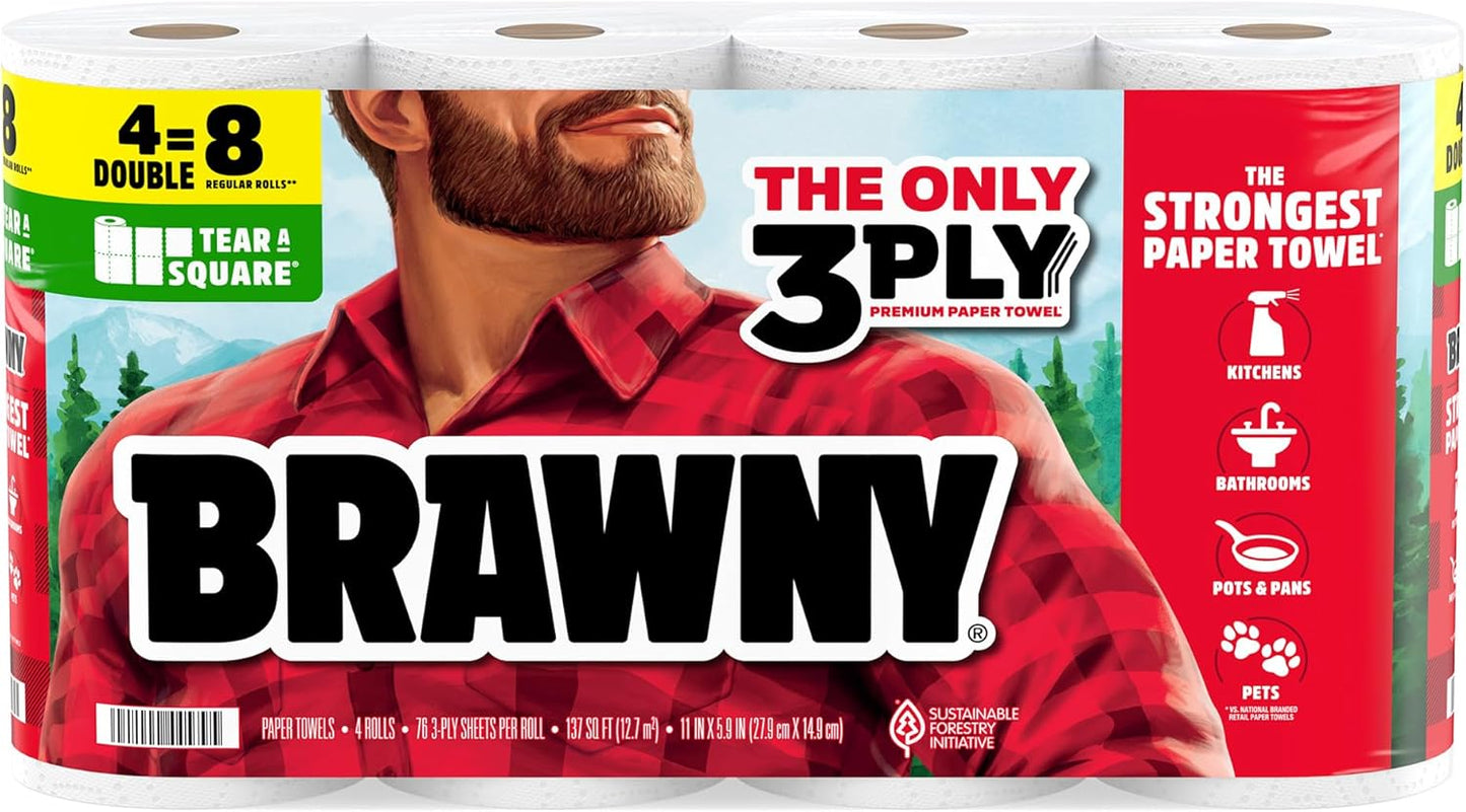 Brawny 3-Ply Paper Towels - Strong, Absorbent & Durable | 4 Double Rolls (8 Regular Rolls)