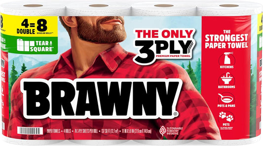 Brawny 3-Ply Paper Towels - Strong, Absorbent & Durable | 4 Double Rolls (8 Regular Rolls)