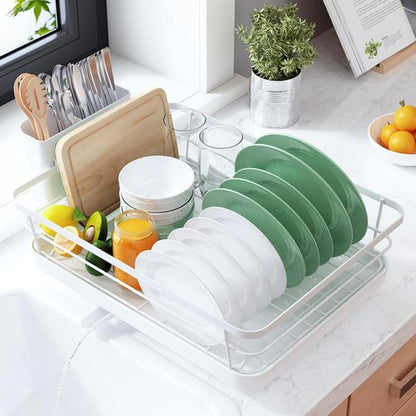 Kitsure Dish Drying Rack - Stainless Steel Kitchen Organizer with Cutlery Holder | 12"W x 15.5"L, White